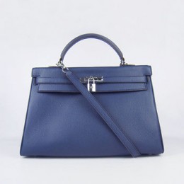 Hermes Kelly 35Cm Togo Leather Handbag Dark Blue/Silver